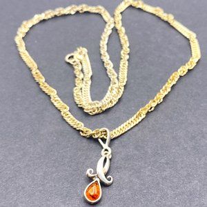 Vintage 20" Peruvian Sterling Silver Vermeil Necklace with Amber Pendant - 12 Gm